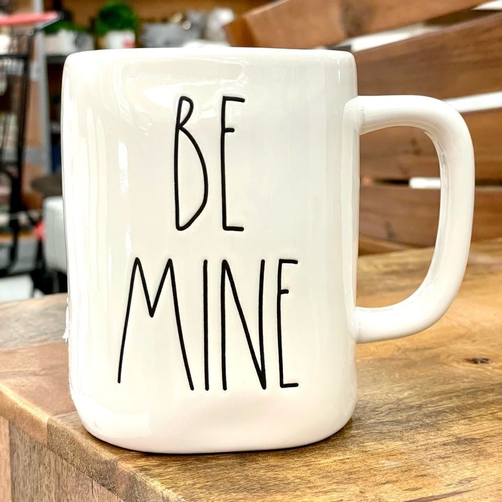 NWT Rae Dunn “BE MINE”  White Pink Heart Double Sided Printed Glossy Finish Mug